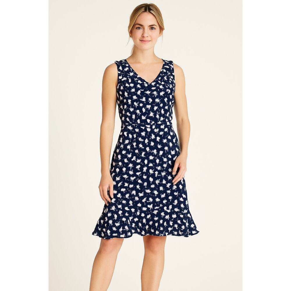 Talbots Navy White Floral Flutter Hem Belted Dress 8P Petite